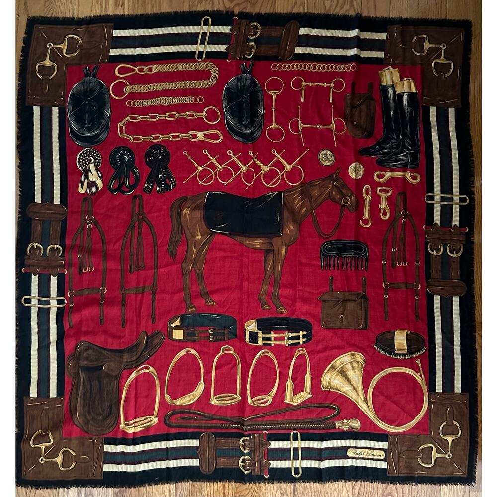 Ralph Lauren equestrian wool Silk horse Scarf Black Red 50x50” large READ - Picture 6 of 16
